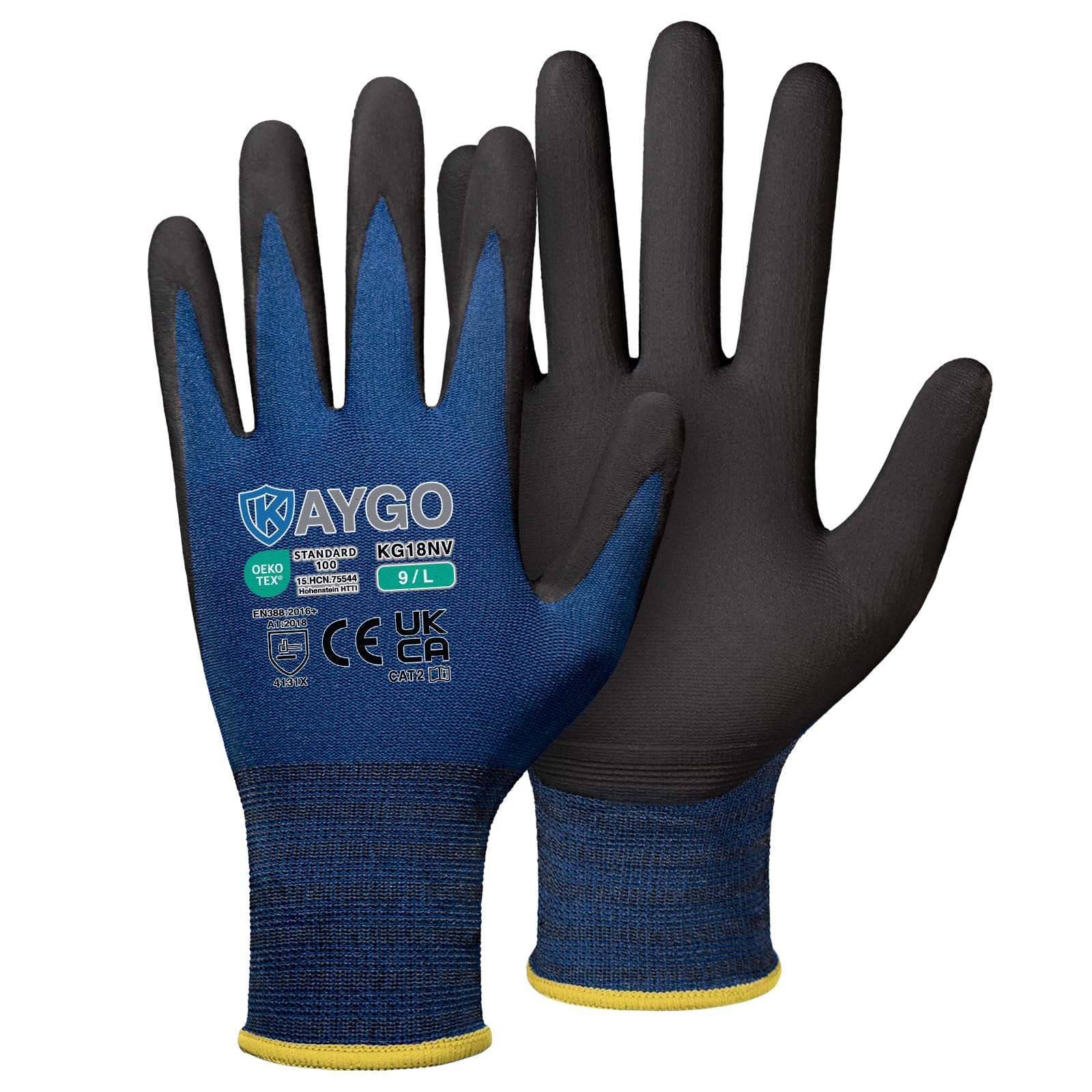 KAYGO Arbeitshandschuhe Herren Damen 3 Paar, Mikro Schaum Nitril beschichtet Atmungsaktiv Nylon Schutzhandschuhe, Antirutsch Grip Leicht Ölbeständig, Ideal für Auto Arbeit, KG18N (Navy Blau, L, Gr 9)