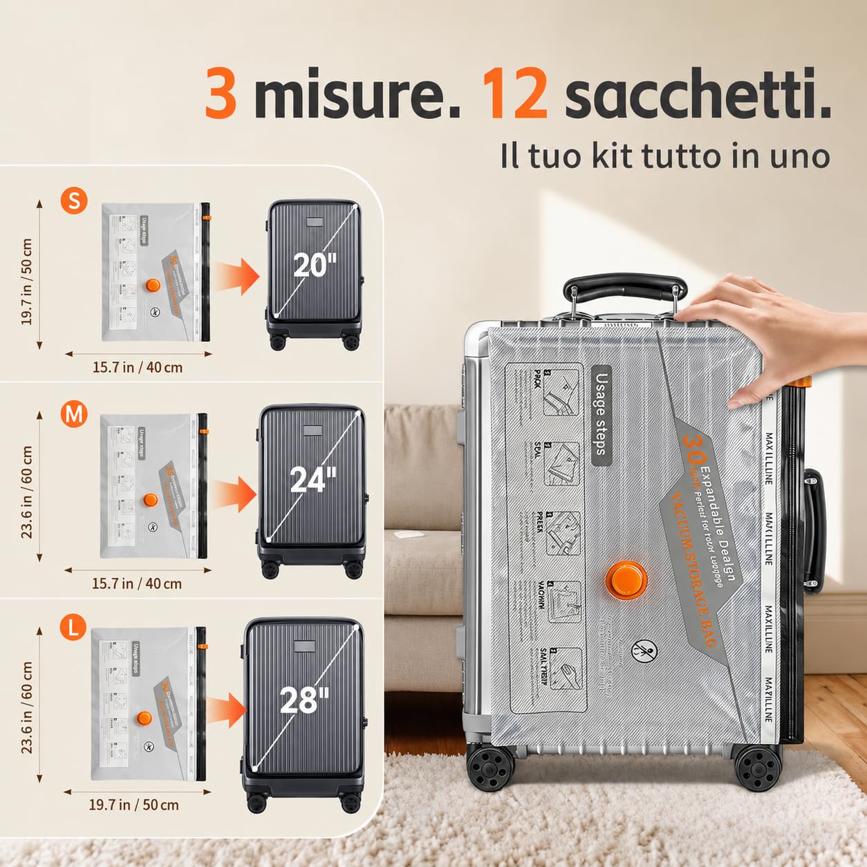 Sacchi Sottovuoto per Vestiti con Pompa Senza Fili, Set da 12 Sacchi di Compressione Riutilizzabili per Viaggio, Valigia, Armadio e Organizzazione, 2 x 50 x 60 cm, 5 x 40 x 60 cm, 5 x 40 x 50 cm