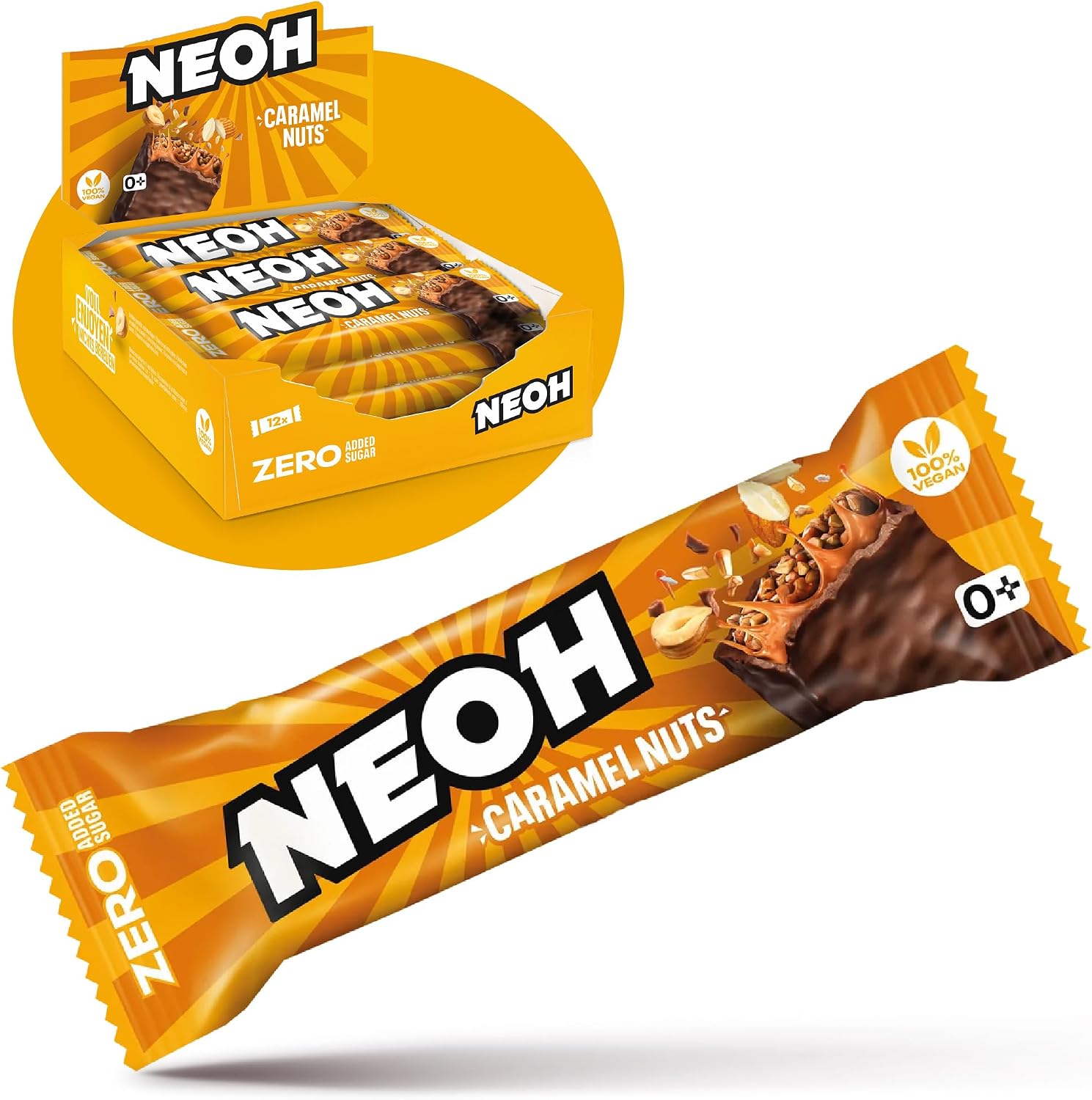 NEOH Low Carb Wegańskie Keto Batonik Karmel Orzechy Czekolada - 1 g Cukier / 137 kcal - Bez dodatku cukru - 28 g (Opakowanie 12 sztuk) - Caramel Nuts