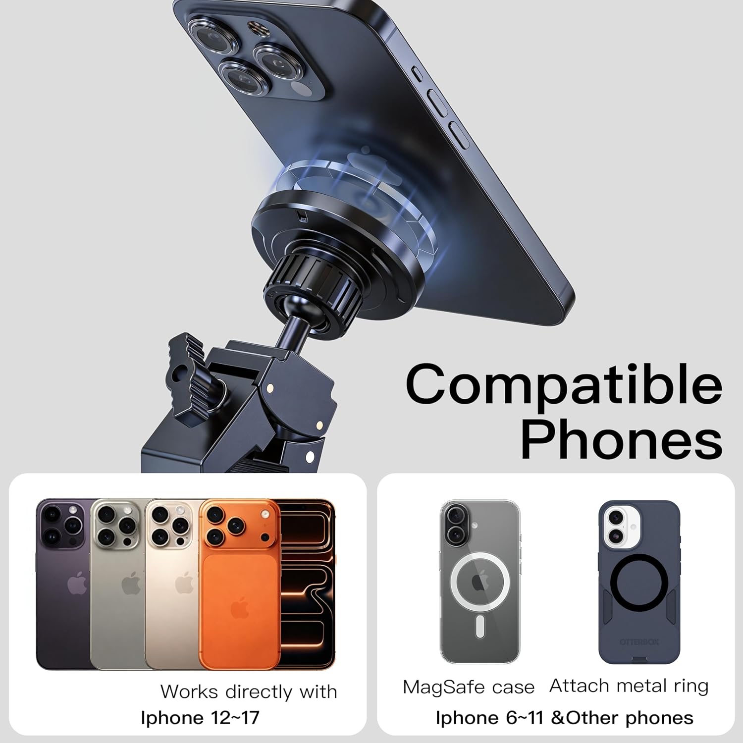 Magnetic Phone Holder Clamp Mount Strong Magnet Mount for Gym, Spin Bike, Treadmill, Stroller, Handlebar, Shopping Cart, Golf Cart,Microphone Stand– Compatible with iPhone 12-17 Series