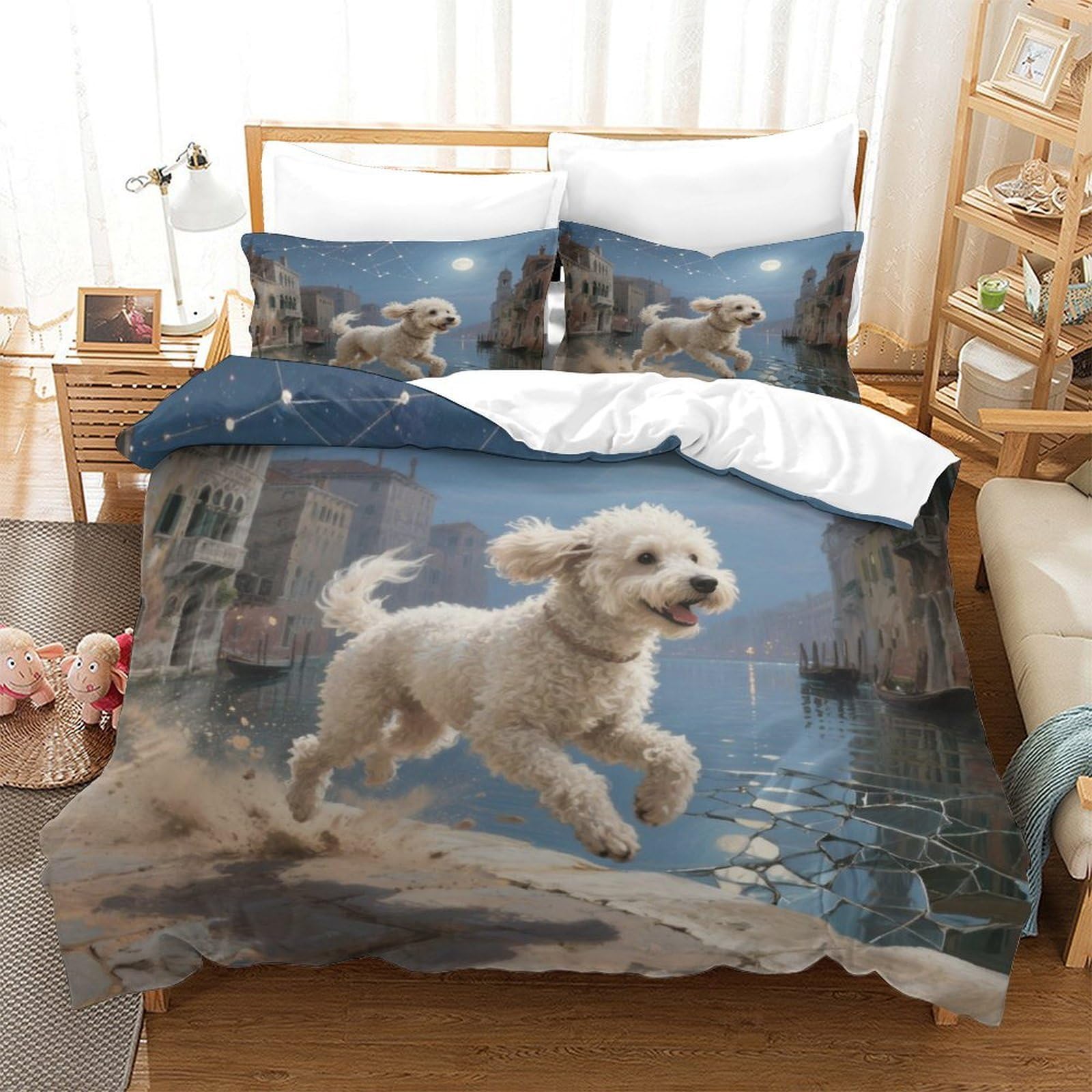 Qtivarlen Style-3 Bichon Frise Duvet Cover 3 Pcs With Pillowcases Bedding Microfiber With Zipper Closure Ultrasoft Stylish Comforter King（220X240cm）