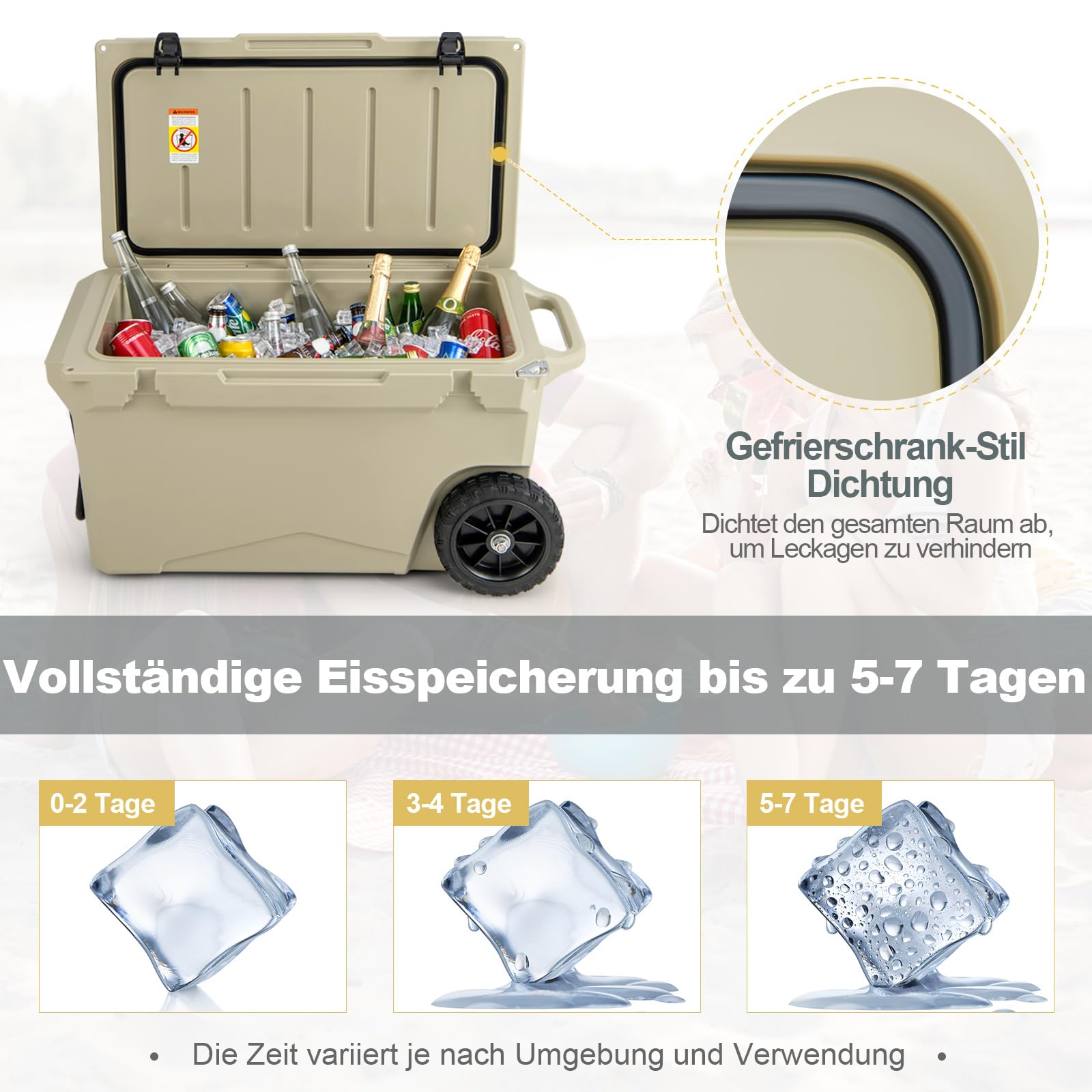 COSTWAY 71L Isolierbox tragbar, Kühlbox grau inkl. Alugriff & großen Rädern, Wärmebehälter mit Flaschenöffner und Abflusssystem, Thermobox belastbar bis 100kg für Camping Picknick Angeln