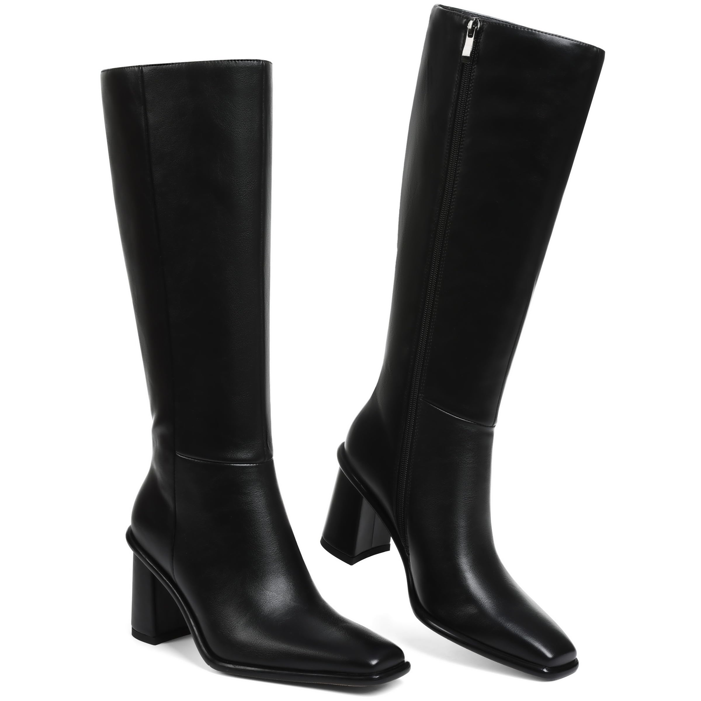 Knee High Boots Women Wide Calf Boots for Women Tall Boot Leather Long Square Toe Chunky Heel with