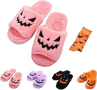 Halloween Slippers, Pumpkin Slippers, Spooky Slides Halloween Slippers, Pink Pumpkin Slides Fuzzy Slides Open Toe Indoor Outdoor