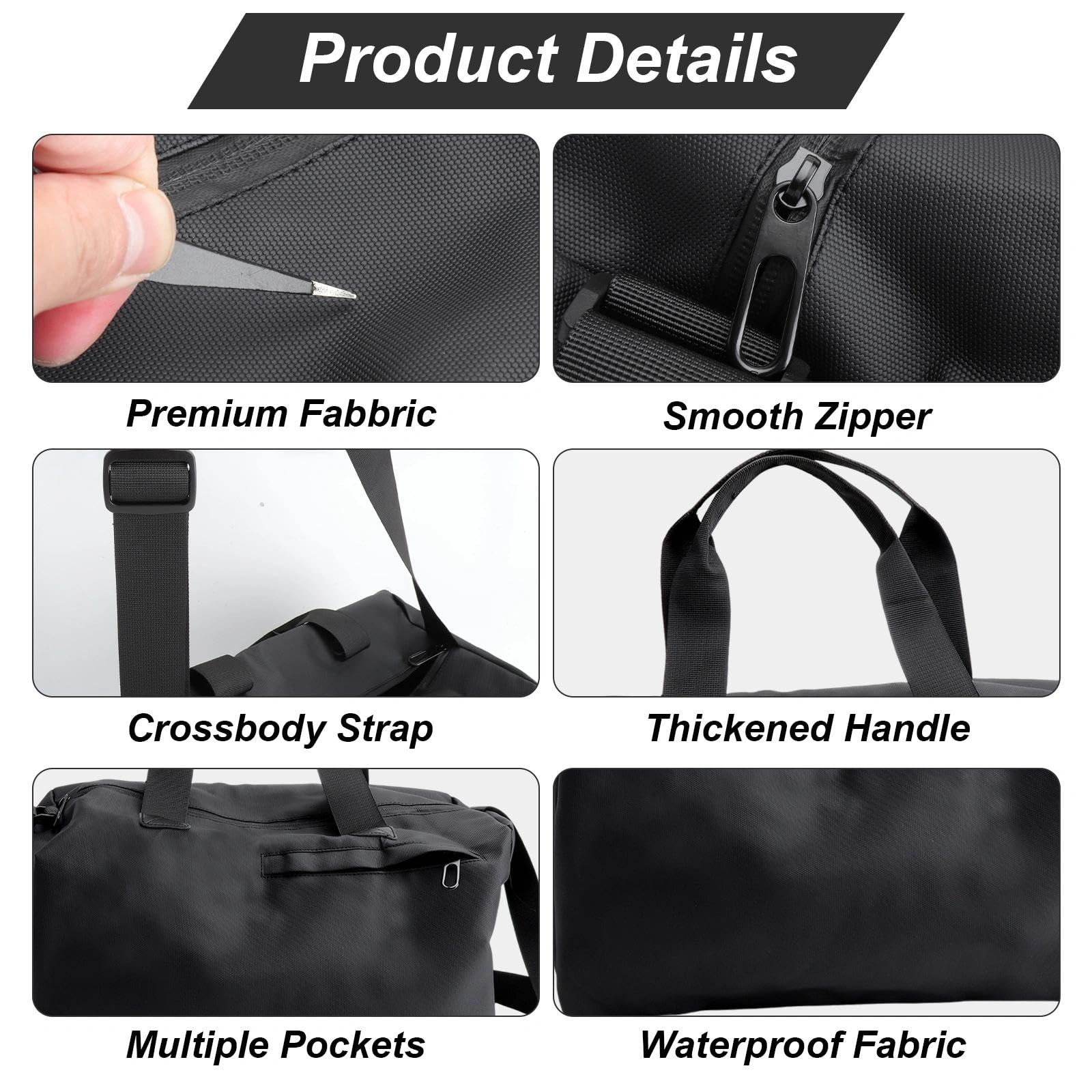 Bolsa de deporte unisex con compartimento húmedo y seco, compartimento para zapatos y múltiples bolsillos, incluye mosquetón blanco, para gimnasio, viajes, natación, color negro