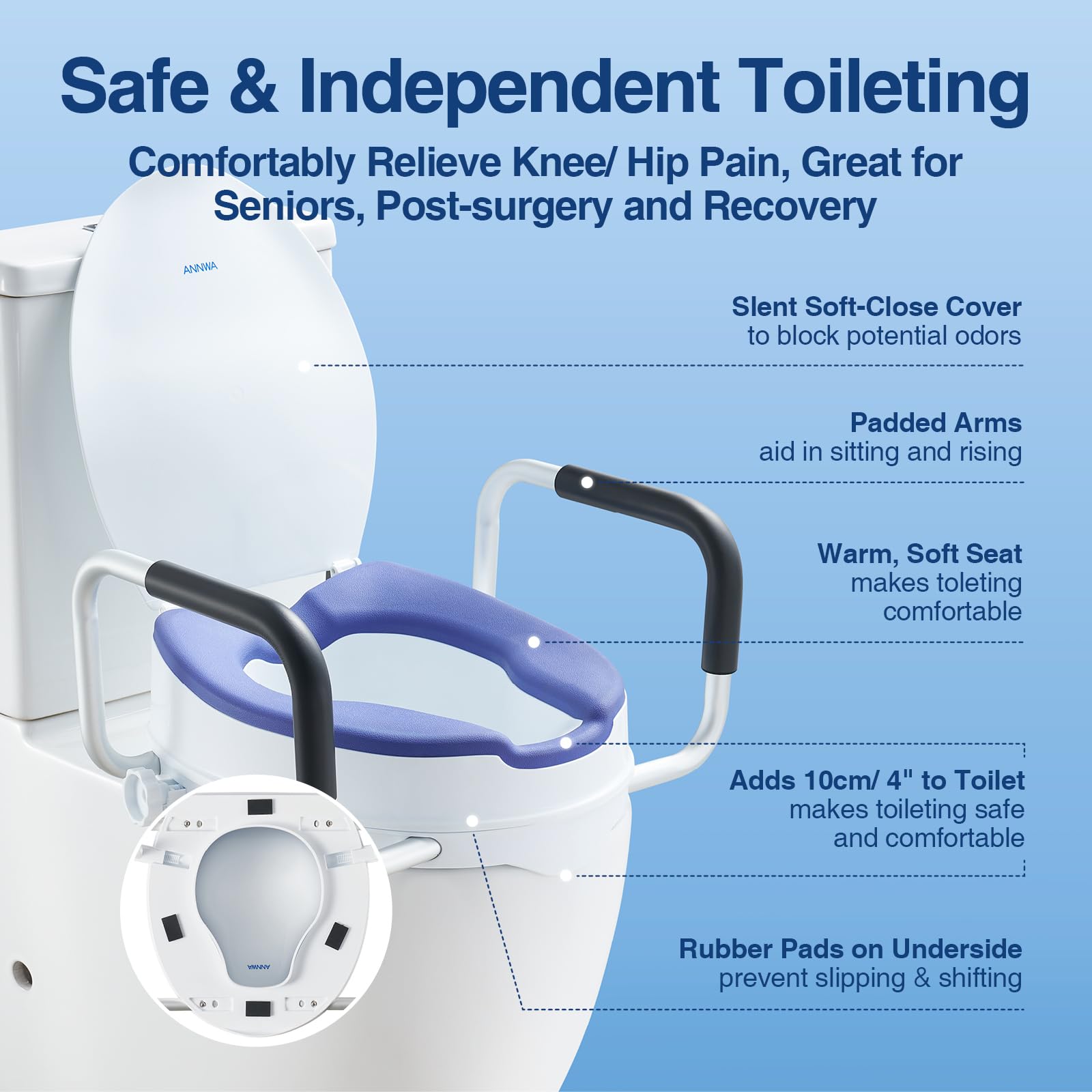 Rehausseur WC Adulte avec Accoudoirs et Couvercle, Siège de Toilette Surélevé 10 cm, Rehausseur Toilette Adulte avec Poignées Rembourrées, Charge 200 kg, Toilette Post Opératoire (N1FYT16)