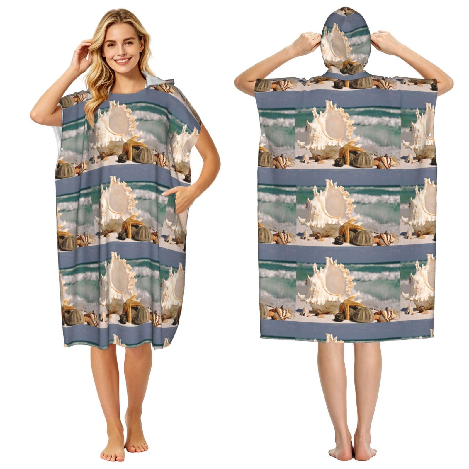 Poadnly Beach Starfish Seashells Print, Adult Hooded Beach Towel 90 x 110 cm,Changing Bath Robe, Surf Poncho Towel For Women Men