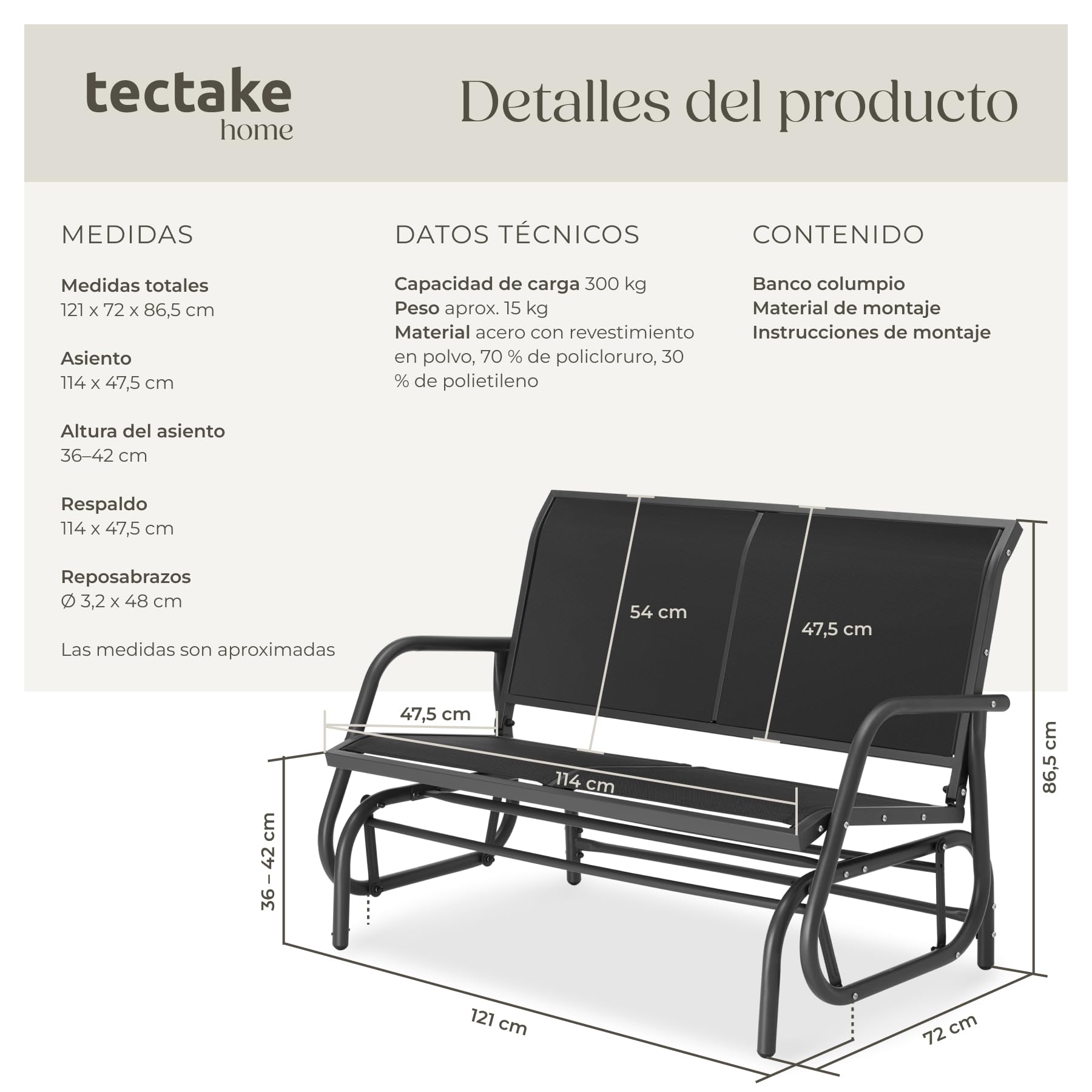 tectake® Balancín Jardín Banco, Estructura Acero Revestida, Sofa Exterior Duradero, Tumbona Jardín, Banco Terraza, Sillón Balancín, Montaje Sencillo, Muebles Jardin - Negro