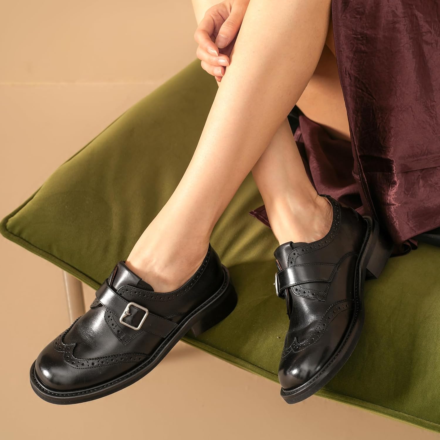 BEAU TODAY Leather Loafers for Women, Chunky Wingtip Oxfords, Monk Strap Business Oxford Shoes, Brogue Mid Heel Dressy Casual Business Oxfords - Image 2