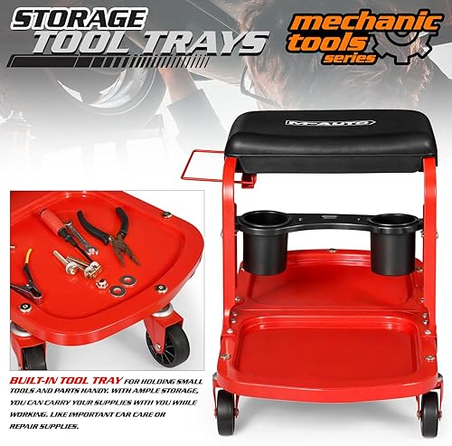 Miniatura 4 de M-AUTO Asiento de rodillo de garaje resistente, taburete mecánico de tienda con bandeja de herramientas y estante de equipo, asiento de enredadera