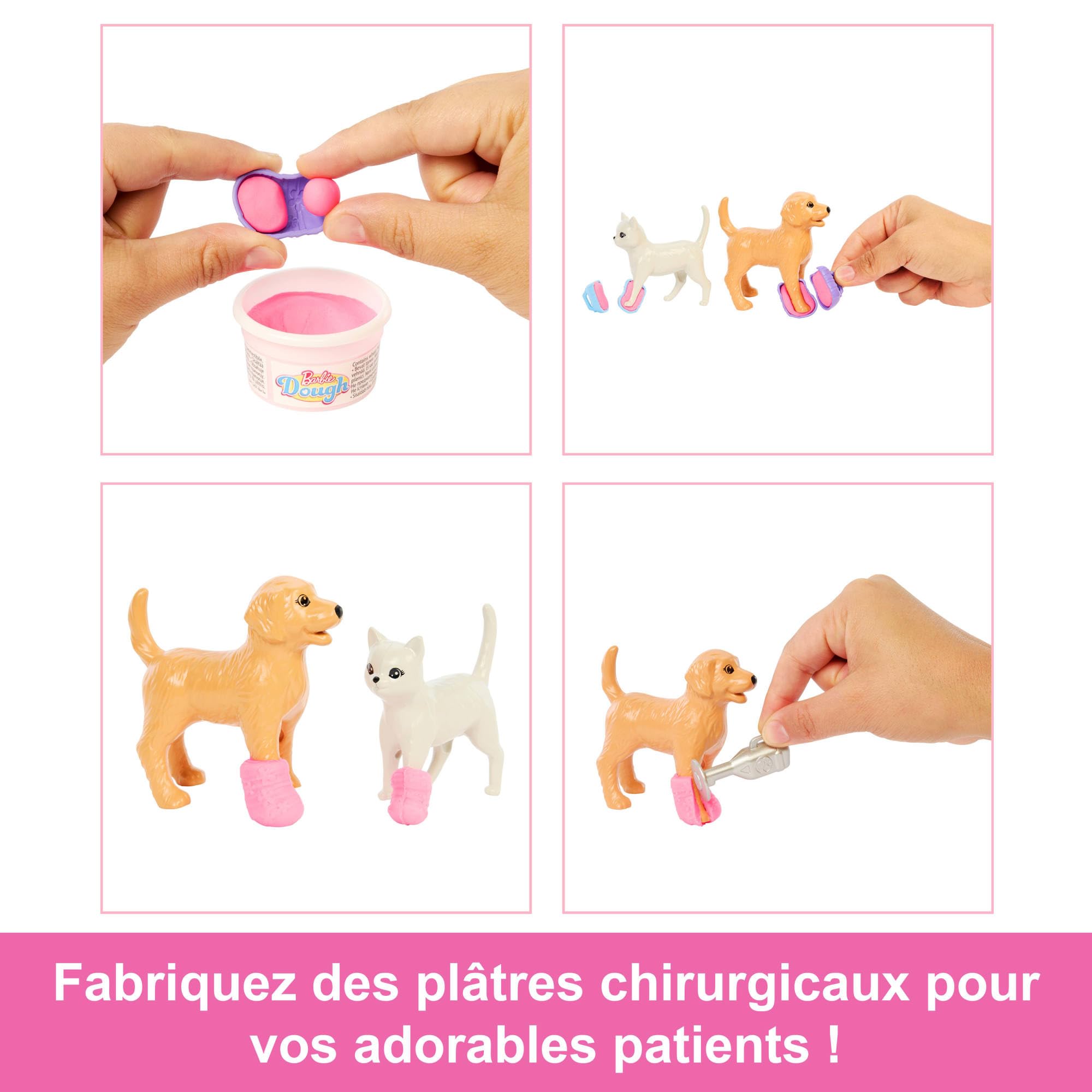 Barbie Coffret La Clinique vétérinaire de Barbie avec poupée aux cheveux roses, mobilier de cabinet vétérinaire et plus de 10 accessoires, JFX93