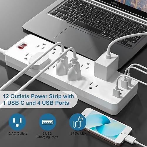 Miniatura 3 de Regleta de alimentación, protector de sobretensiones HITRENDS con 12 salidas y 4 puertos USB (5V2.4A) y 1 puerto USB-C (5V3A), 1875W15A, enchufe