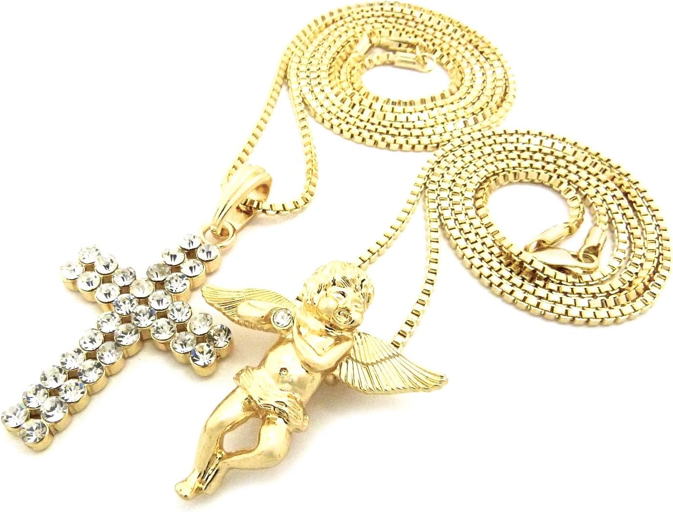 GWOOD Angel and Cross Pendants Two Necklace Set 24 and 30 Inch Lengths Gold Color Box Link Chains
