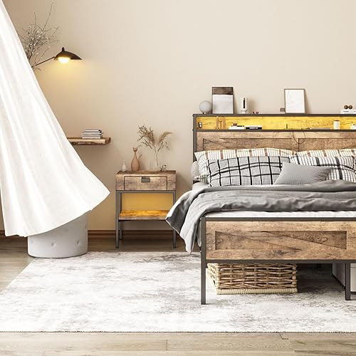 Miniatura 64 de Base de cama LED tamaño Queen con estación de carga y 4 cajones, plataforma de metal con cabecero de puertos USB, marco de cama de granja con luces