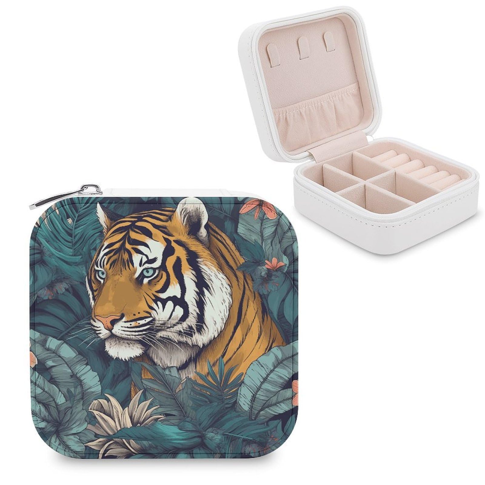 VstaDank Tropical Tiger Travel Jewelry Case Small Portable Jewellry Organizer Box PU Leather Organizer Boxes Personalized Jewellery Storage Holder Gift for Womens Rings Earrings