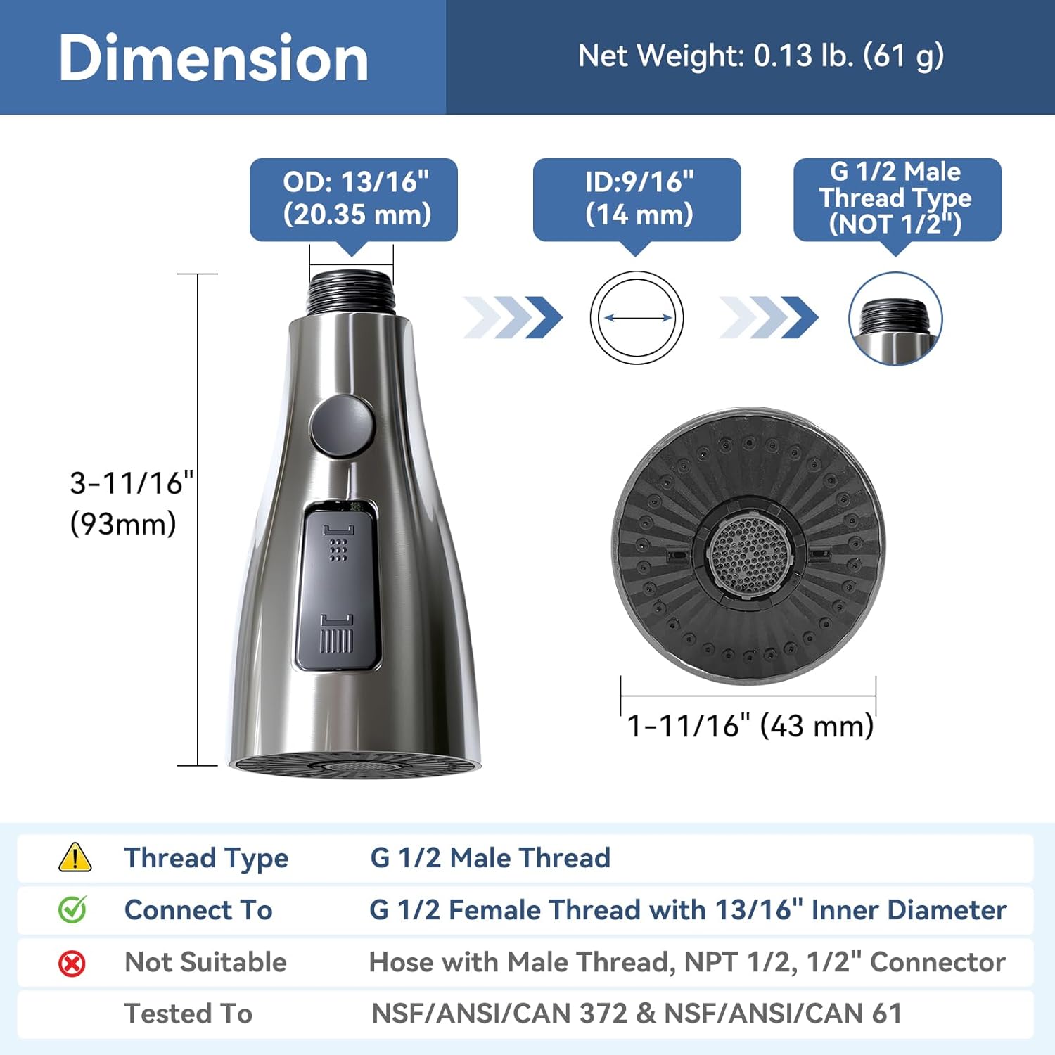 Kitchen Faucet Head Replacement with 3 Modes, Pull Down Spray Head for Kitchen Faucet, Kitchen Sink Sprayer Replacement Compatible with Moen, American Standard, Kohler Faucets