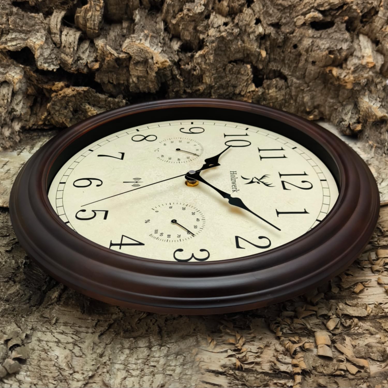 Holzwerk HORNBERG (Funk) Vintage Retro Funkwanduhr Holz Wanduhr Temperaturanzeige & Hygrometer Feuchtigkeitsmesser Thermometer Braun nahezu lautlos Uhrwerk 14 Zoll 35cm (.Braun.Funk)
