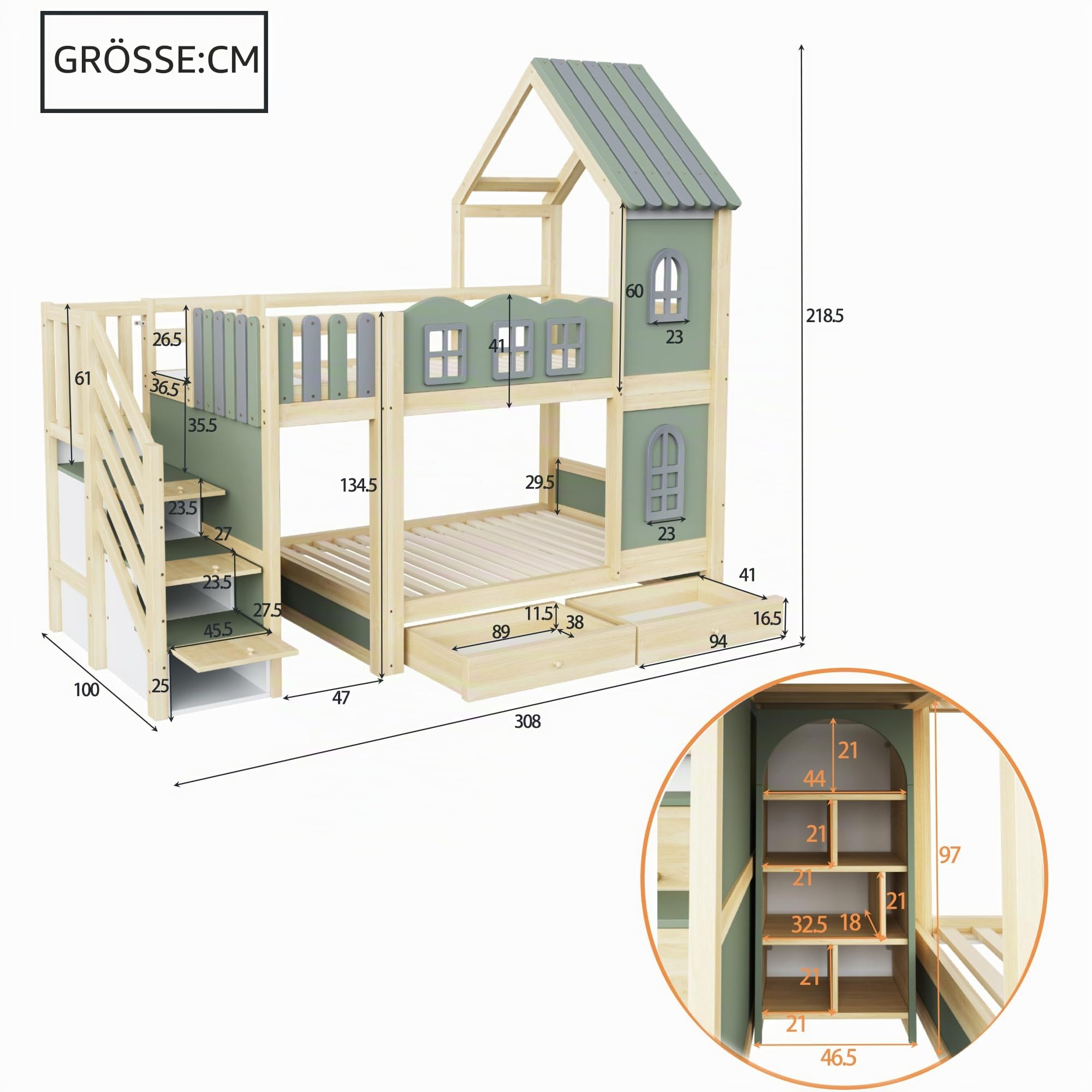Kinder-Etagenbett 90 x 200 cm, Mit Bettgitter in Wolkenform, Dachkonstruktion Mit Fenstern, Stauraumleiter, Regalen und Schubladen, Kinderbett aus Holz, Bett für Jungen und Mädchen, Doppelbett(Grün)