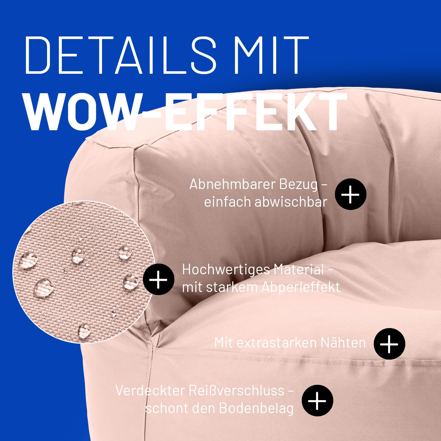 Lumaland Pouf Lounge - 90 x 50 cm avec dossier - Pour l'intérieur et l'extérieur - Imperméable et robuste - Avec rembourrage en polystyrène expansé adaptable - Housse lavable - Rose pastel