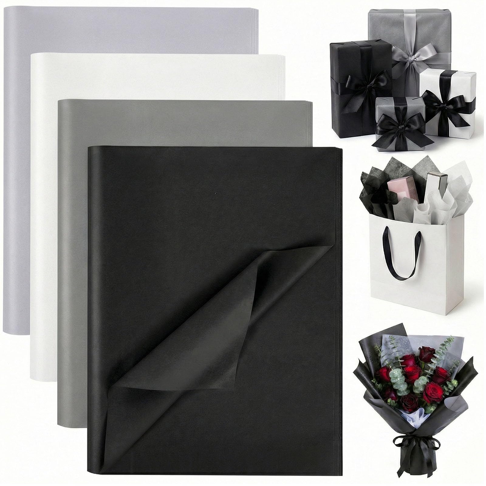 Koogel 112 Sheets Tissue Paper Bulk, 20 x 14 Inch Black White Gray Tissue Paper for Gift Bags DIY Crafts Party Decorations 4 Colors