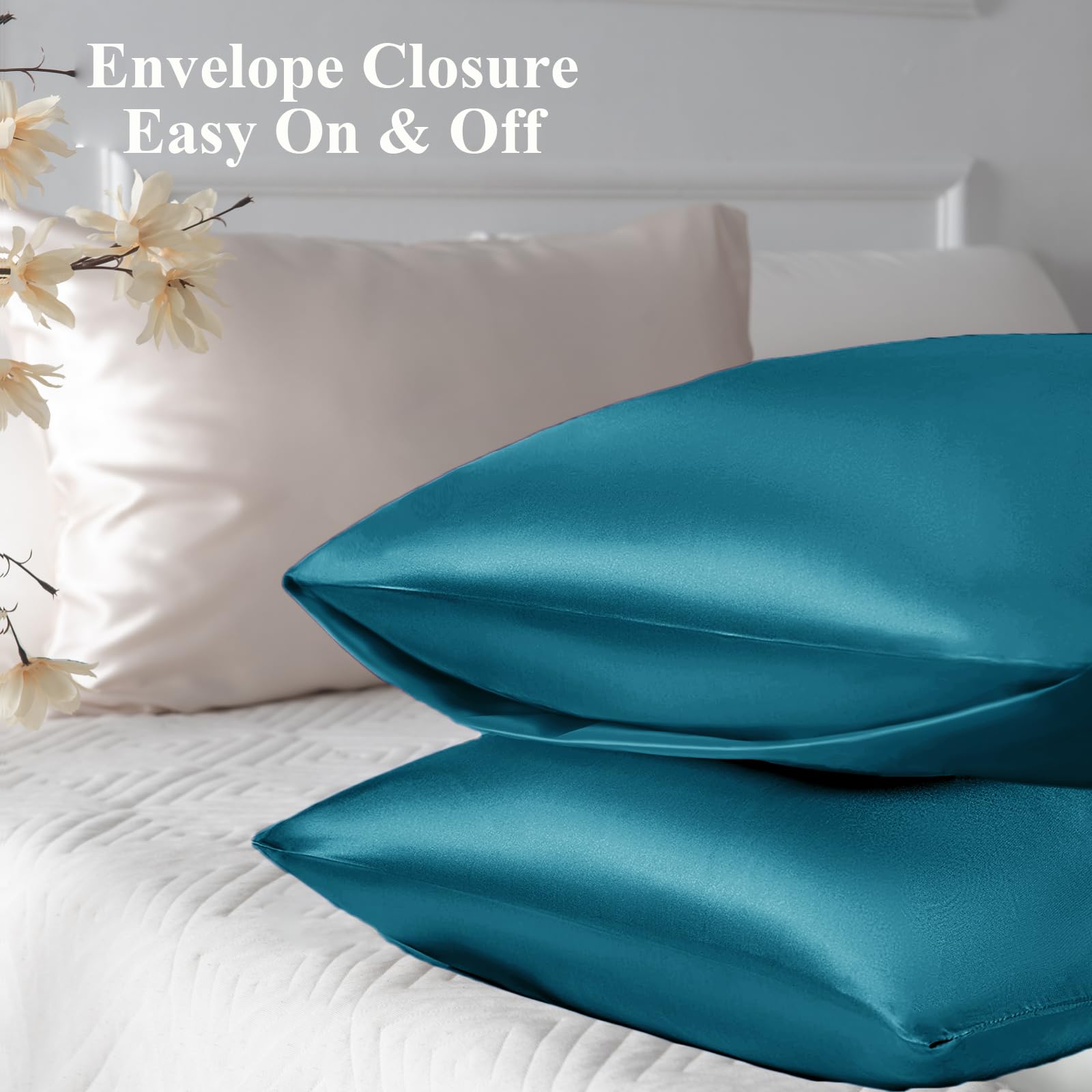 Vielit 2 Pack Satin Pillowcase for Hair and Skin Cooling,Soft as Silk Pillowcase for Hair and Skin,Easier Care than Silk Pillow Case Teel 50x75cm Gifts for Women Envelope & 2 Scrunchies - Image 3
