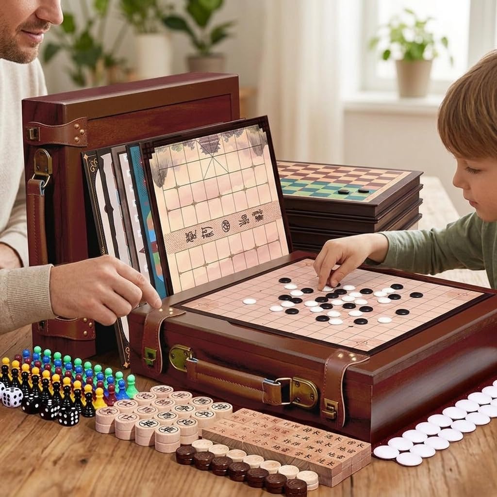 Brettspiele Klassiker Sammlung, Schachspiel Holzmaterial Faltbar, Gesellschaftsspiele ab 4 Jahren, Spielesammlung für Kinder