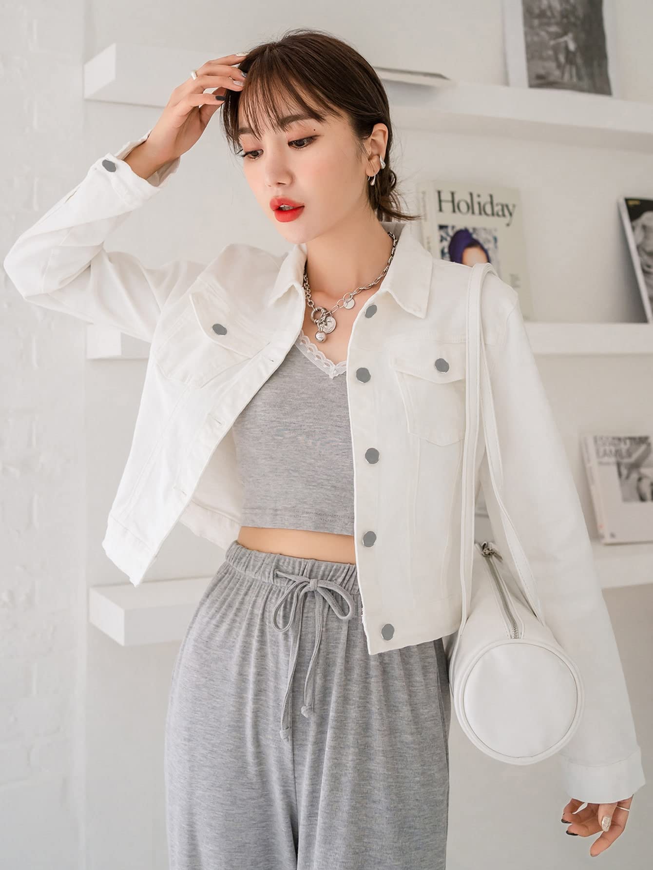 WOKEZWOKEZ Solid Flap Pocket Denim Jacket (Size : L)