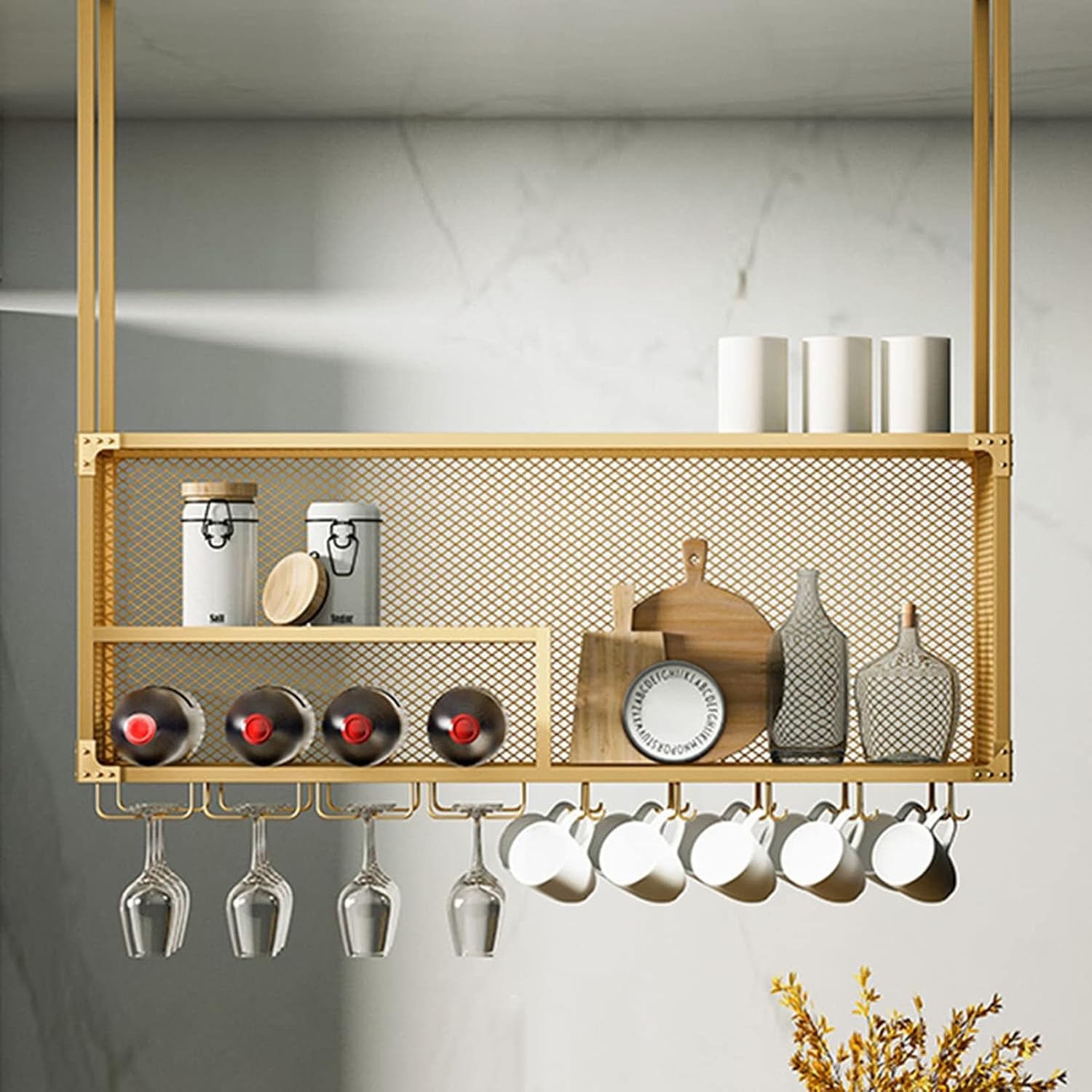 Industrial 2 Layer Hanging Wine Rack, with Glass Holder and Shelf, Ceiling Mounted Iron Bottle Holder Wine, Hanging Wine Glass Holder, Ceiling Wine Rack Display Stand,(Gold,60 * 30cm)