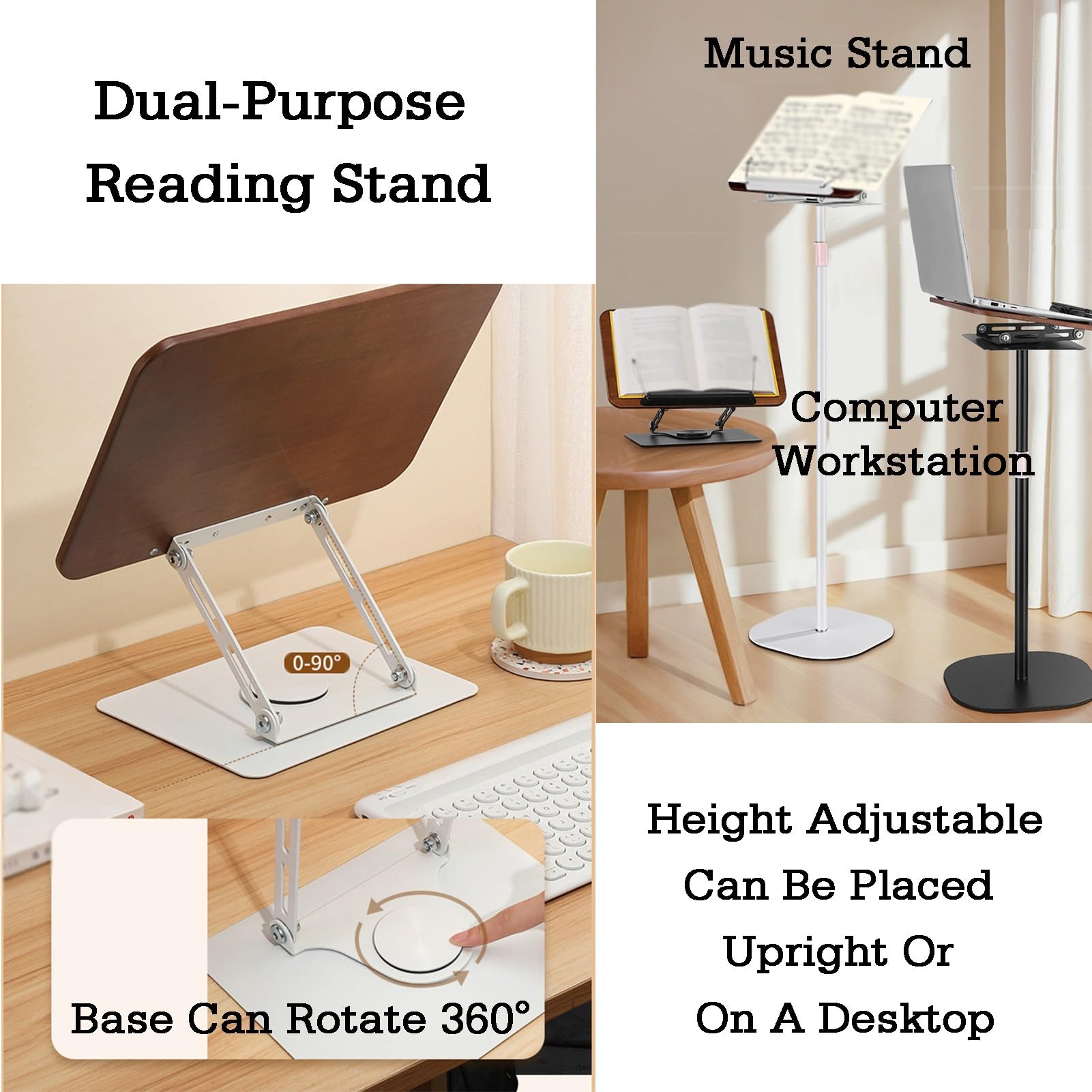 Genérico Soporte de Madera Ajustable para partituras con Clip, Atril Manos Libres para el hogar, la Oficina, la Escuela y conferencias - Blanco Elegante, Apto para Hojas de 51 a 119 cm.