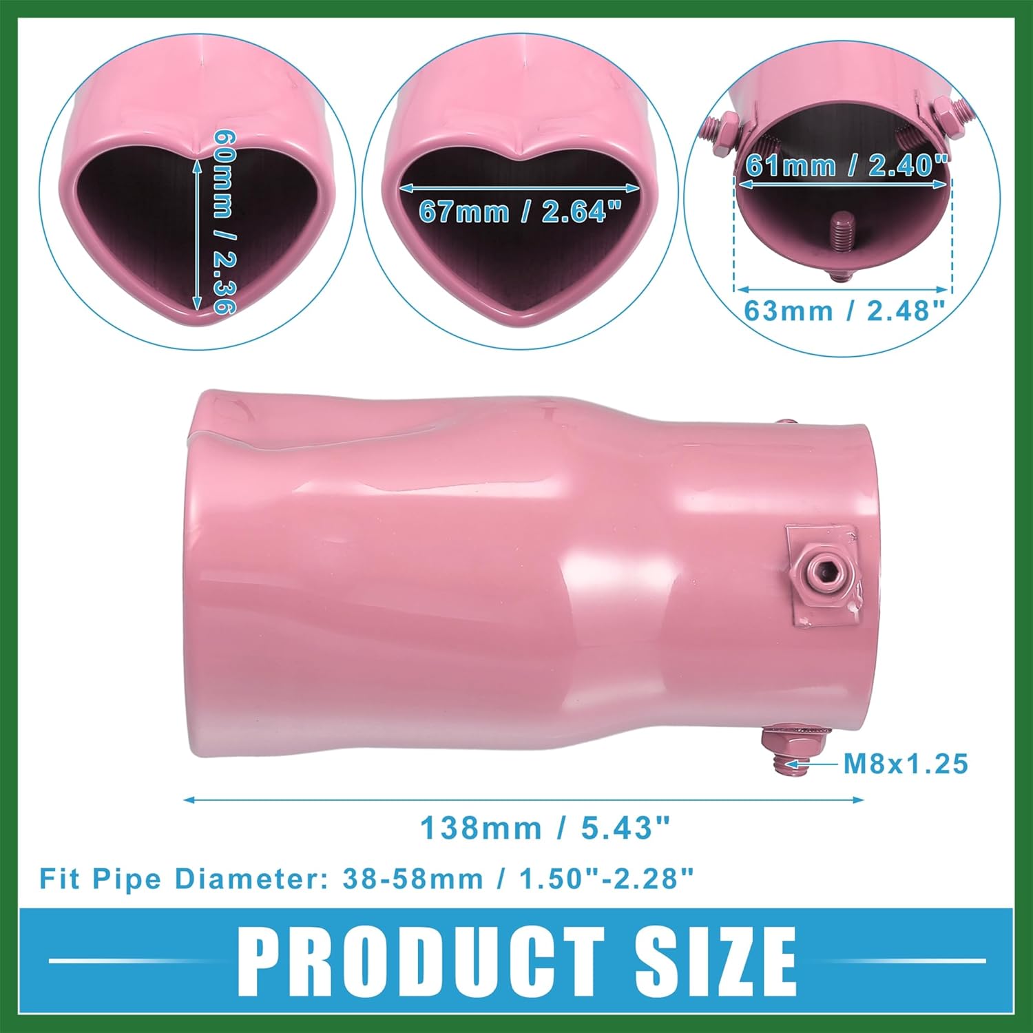 Motoforti Car Exhaust Tip Heart Shaped Tail Pipe 2.48Inch OD 2.64x2.36Inch Outlet 5.43Inch Length Straight Bolt-On Muffler Tip Metal Pink Long-Lasting