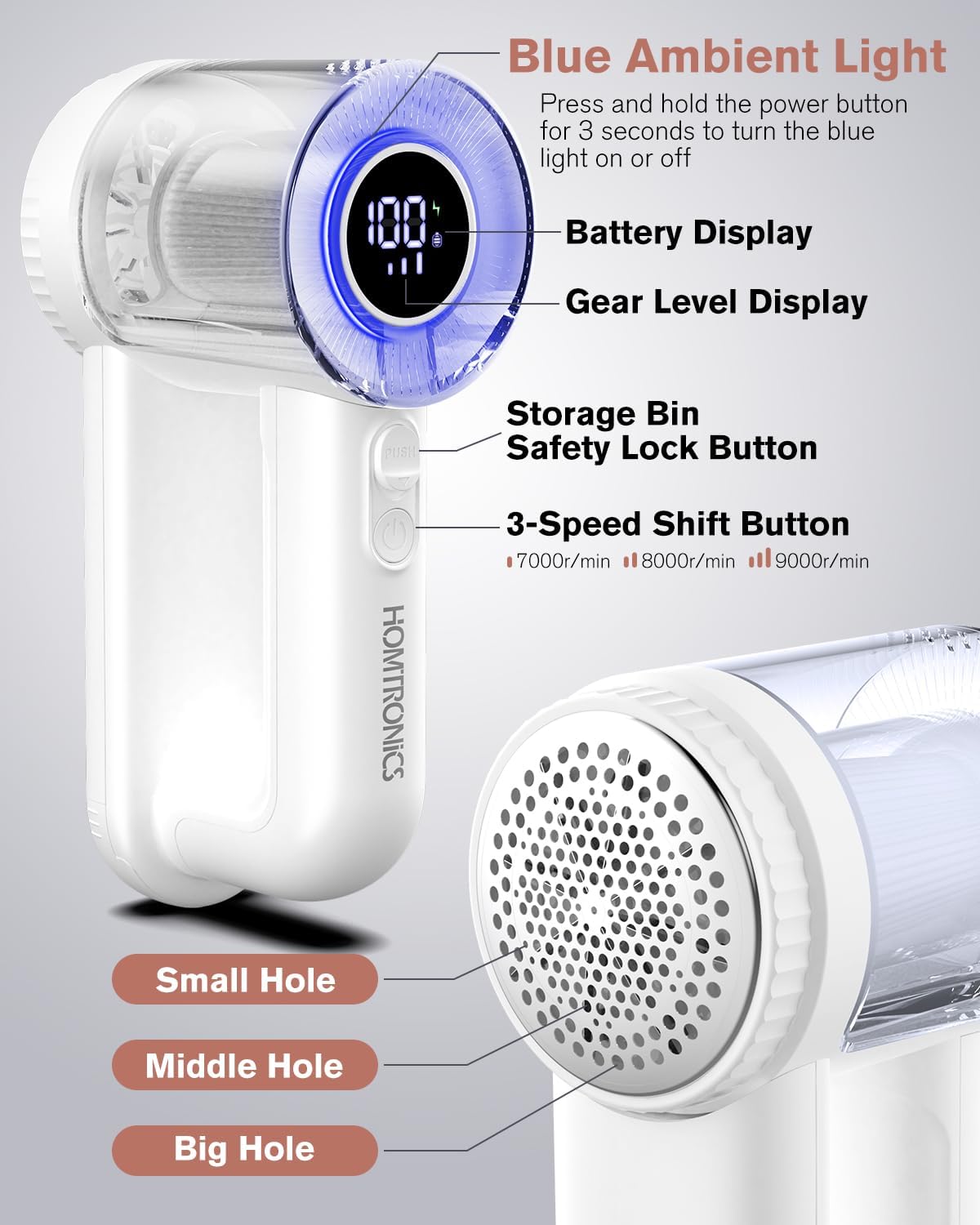 Homtronics Electric Lint Remover showing LED display, speed button, and different mesh hole sizes
