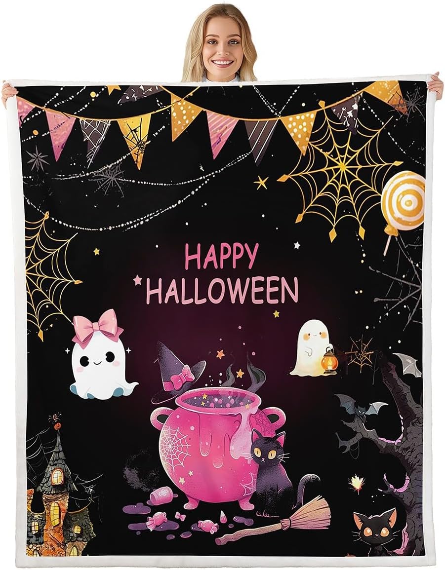 Happy Halloween Flannel Blanket,Cartoon Cute Ghost Cat Bat Animal Fuzzy Blanket for Children Present,Spider Web Print Black Pink Polyester Throw Blanket for Couch, Twin Size (60 x 80 Inch)