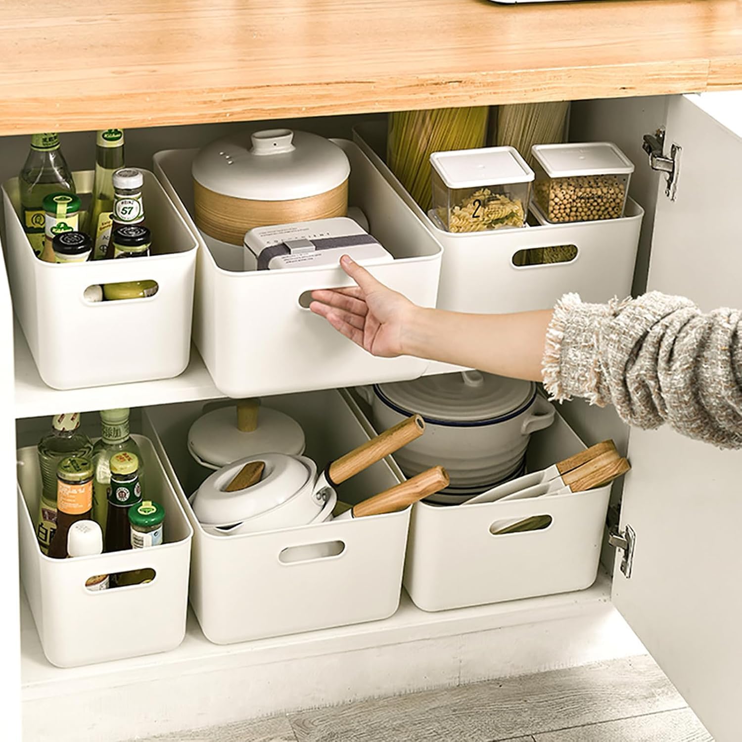 Lot de 10 paniers de rangement multi-usages, bacs de rangement en plastique blanc avec poignées : bacs de rangement peu encombrants pour la maison et la cuisine (36 x 26 x 24 cm)