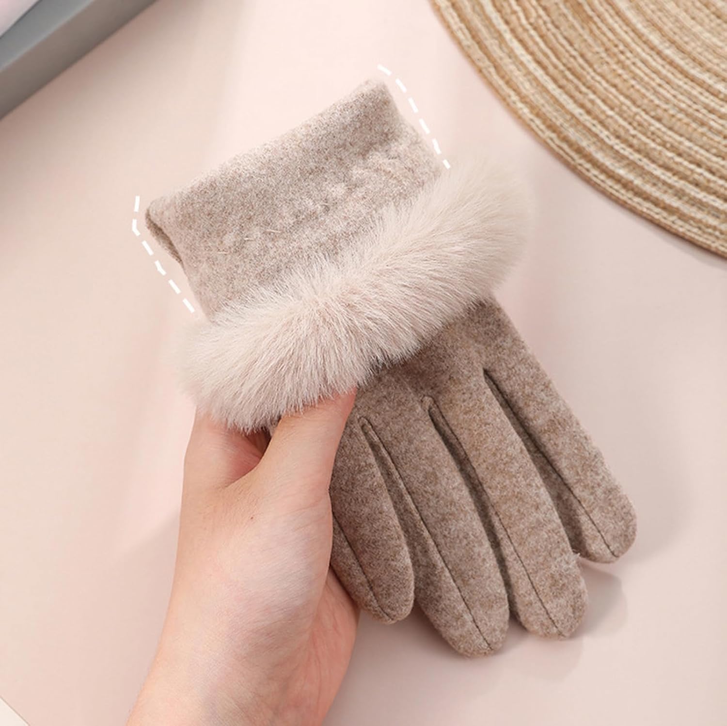 Women's Winter Suede Gloves with Fur Cuffs, Stretch Fleece Gloves with Touchscreen for Cold Weather - Image 3
