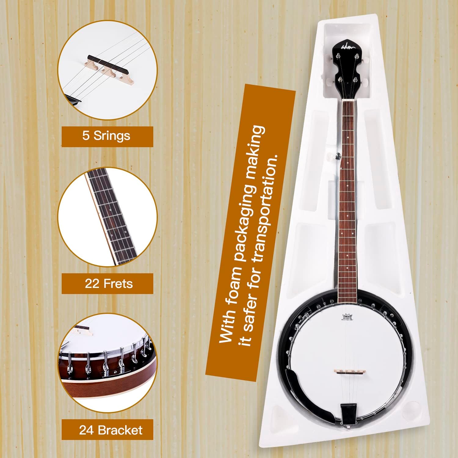 ADM Banjo 5 String Full Size Banjoes Set, 38 Inch Beginner Banjo Kit with Resonator, Remo Drum Head, Open or Closed Back, Gift Package Free Lessons Starter Accessories for Adults Teenager, Brown