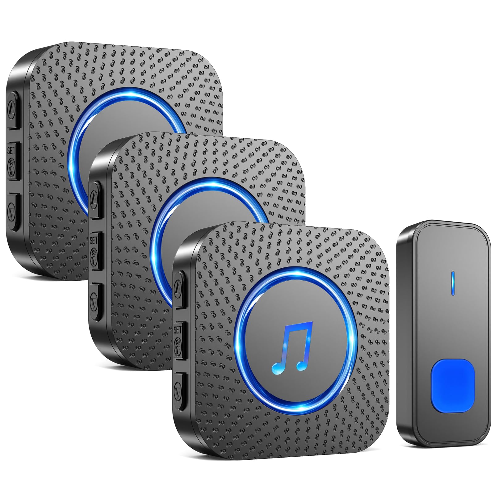 SURFOU Campanello Senza Fili da Esterno Interno, Campanello Casa Wireless Pulsante a Lunga Distanza di 400m, 55 Suonerie, 5 Volumi Selezionabili (3 nero ricevitore + 1 nero trasmettitore)