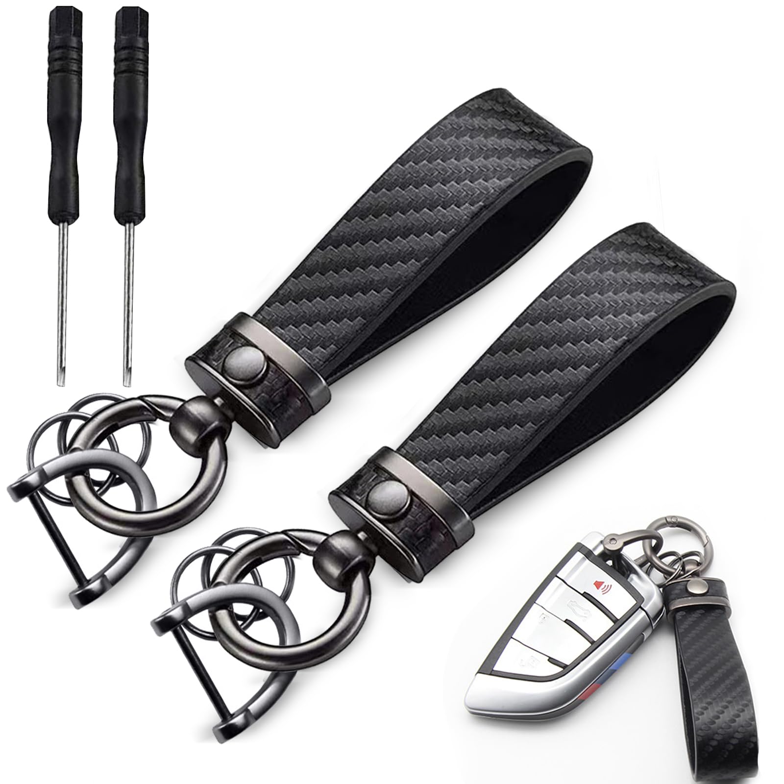 DHSWNNG 2 PCS Carbon Fiber Car Keychain, Leather Car Keyring Detachable Key Chain Holder with 360°Rotatable Swivel Anti-Lost D-Ring Screwdriver Key Fob Keyring