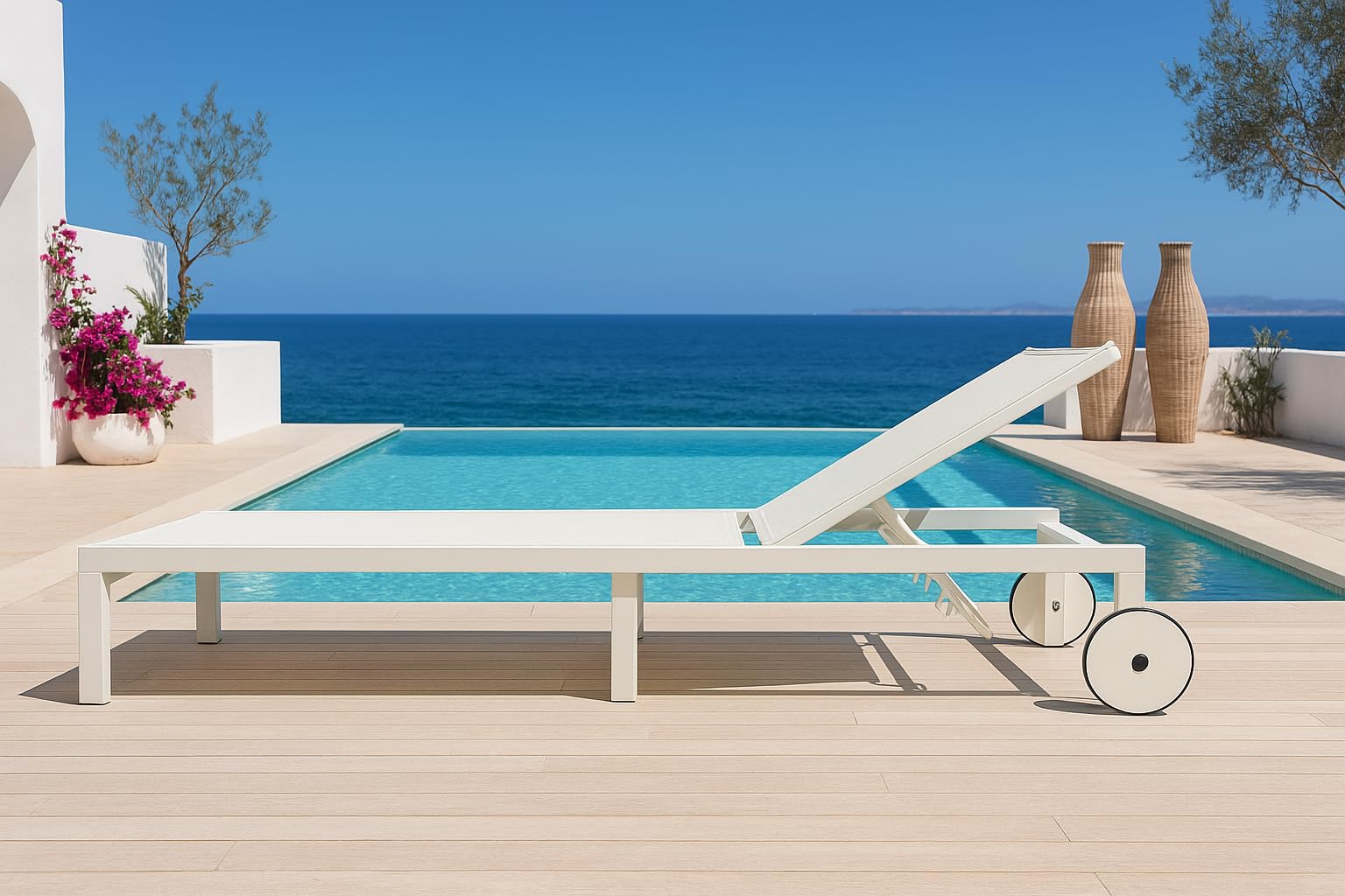 MOMMA HOME Tumbona Jardin Exterior - Reclinable 5 Posiciones, para Piscina y jardín, Ruedas de Aluminio, Textilene Tumbona Plegable, 196x65x30,5/83 cm (Blanco)