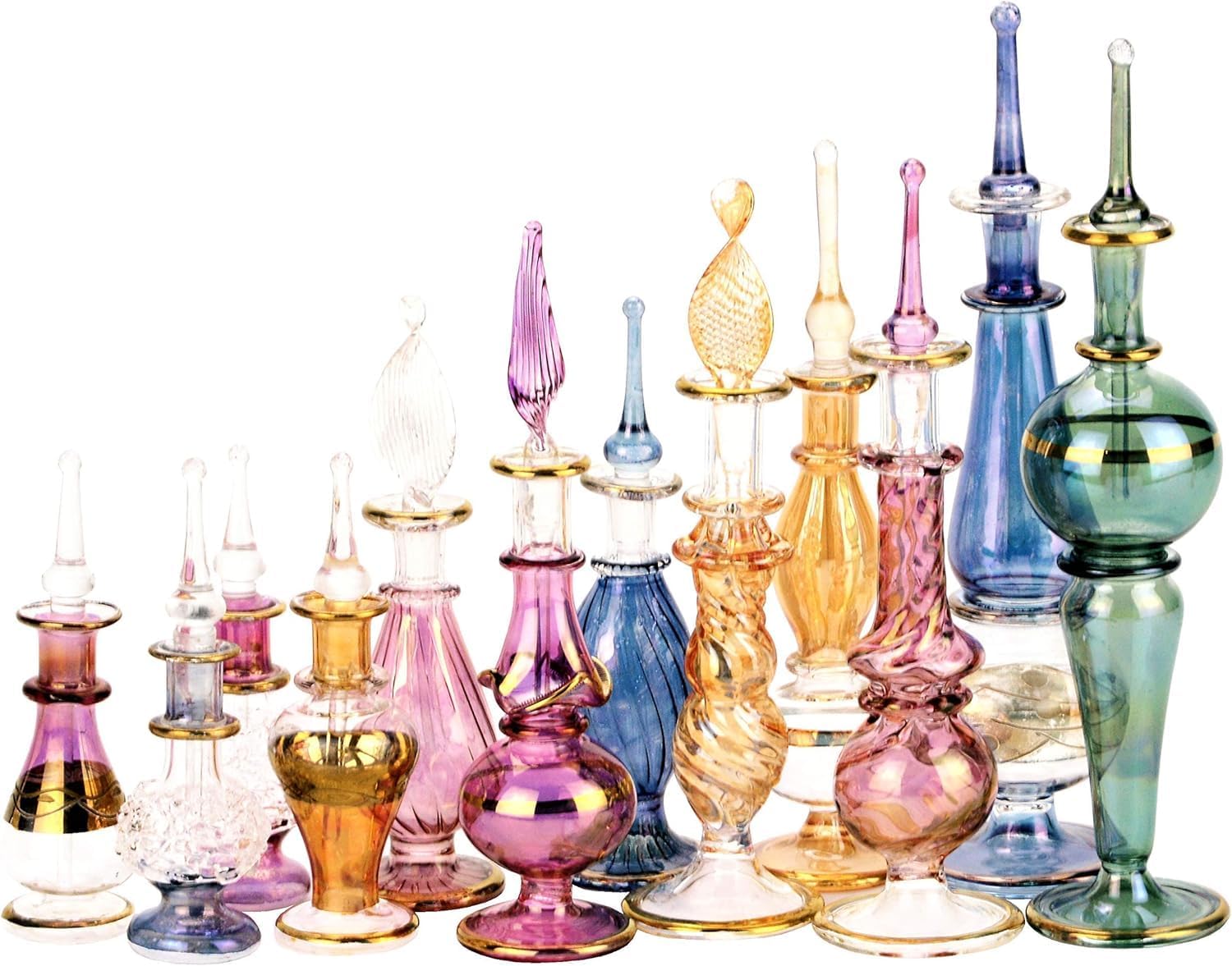 NileCart Egyptian Perfume Bottles Wholesale Mix Collection hand Blown Decorative Bottles 2-5 in with handmade golden Egyptian decoration for Perfumes & Essential Oils. (6)