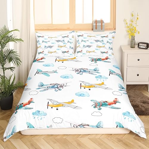 Vista 33 de Erosebridal Funda de edredón de avión de dibujos animados, tamaño matrimonial, juego de ropa de cama de aviones para niños, lindo amarillo, verde