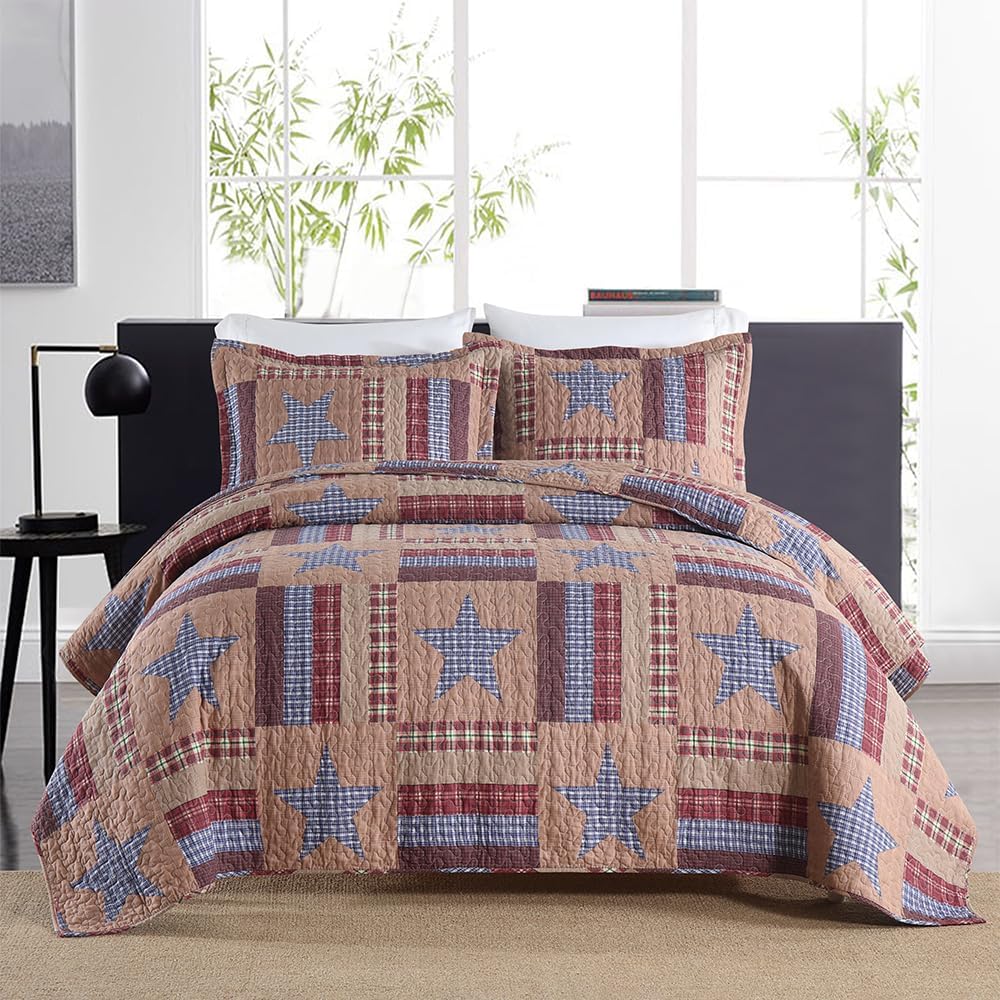 Cotton Bedding Quilt Sets Reversible Patchwork Coverlet Sets All Season Brown Bedspread, Mediterranean Star Pattern, King Size