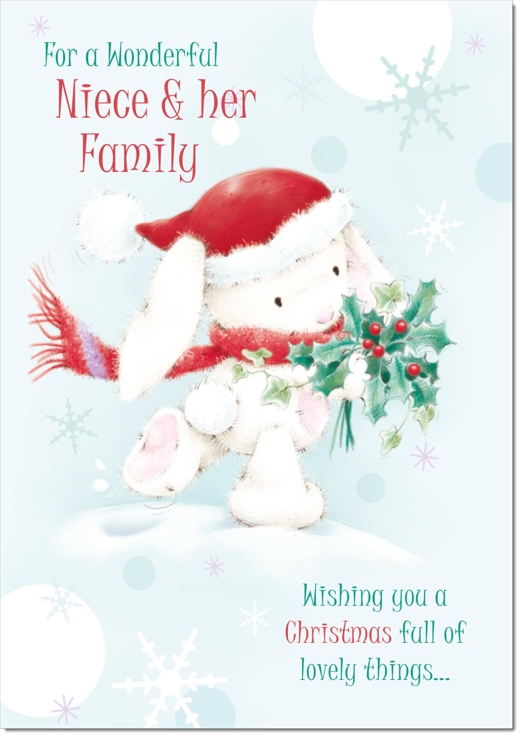 doodlecards Niece and Family Christmas Card Cute Rabbit with Holly Large A4 Size Christmas Card for Niece & Family with Plain Envelope
