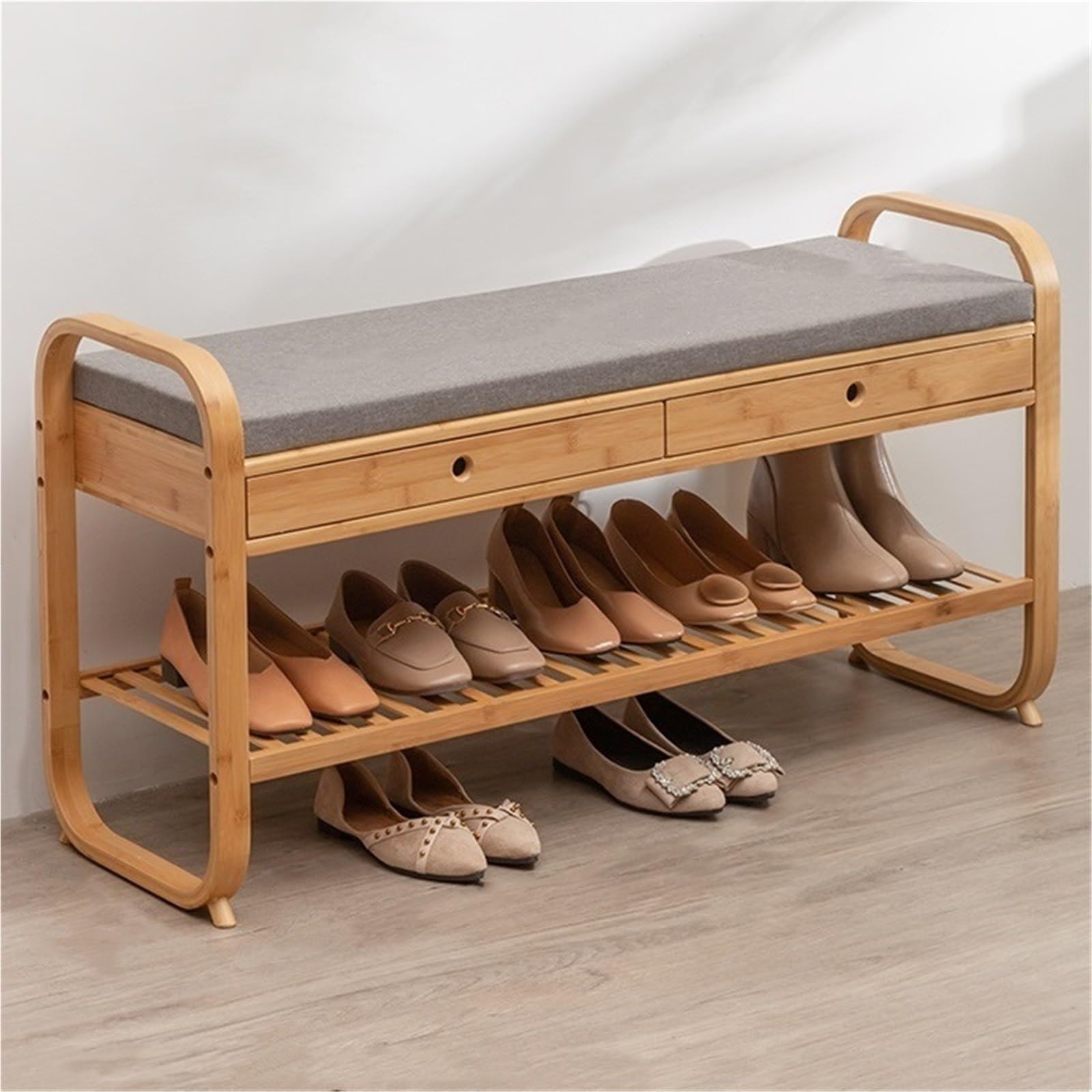 IvyLoutish Shoe Bench with Storage Shelf Bamboo Entryway Bench with Drawer and Cushioned Seat Shoe Rack Change Shoe Stool for Hallway Living Room,Ideal for Home