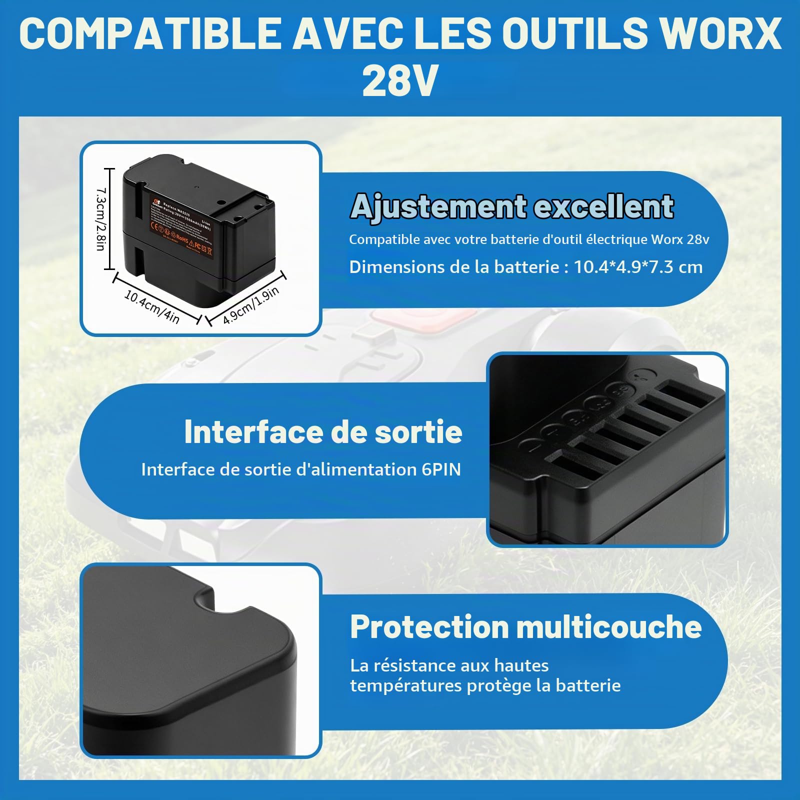 Batterie Li-ION 28V 3.5Ah Remplace Worx WA3225 WA3565 Compatible avec L1500i WG798E M500B WG755E M800 WG790E WG794E WG794EDC Landroid M1000 WG791E. 1 M1000i WG796E.1 M500 WG754E M800 WG790E.1