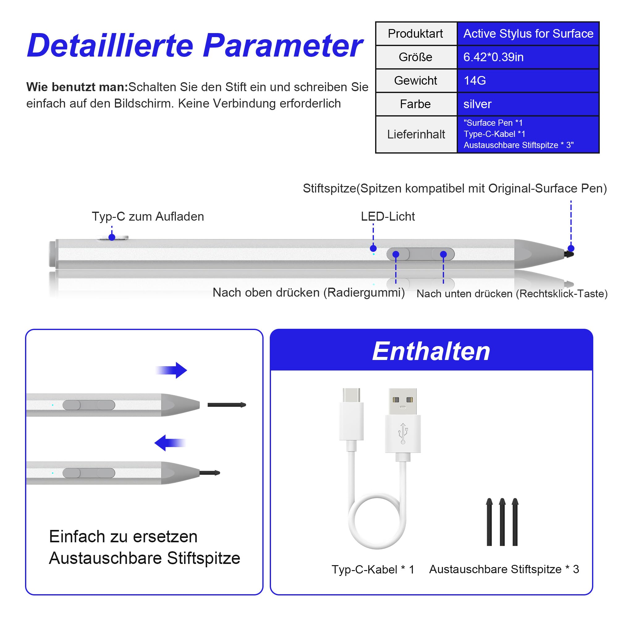 Surface Pen für Surface Pro 12/11AI+PC/11/10/X/9/8/7/7+/6/5/4/3, Surface Book/Laptop/Go/Studio Stift mit Palm Rejection,4096 Druckempfindlichkeit,Magnetisch,4 Spitzen,30min schnelles Aufladen