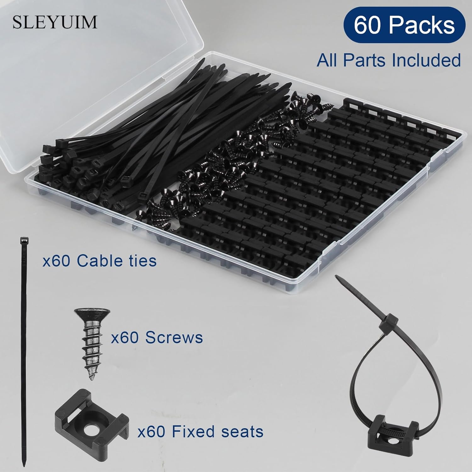 Premium Cable Zip Tie Mounts Kit - 60 Pas Wire Manament Holder & Cable