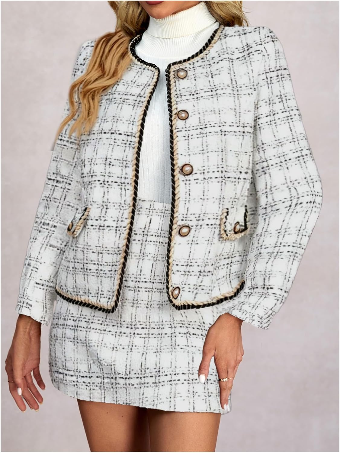 Women's 2 Piece Outfits Plaid Button Front Long Sleeve Tweed Jacket and Mini Skirt Elegant Set