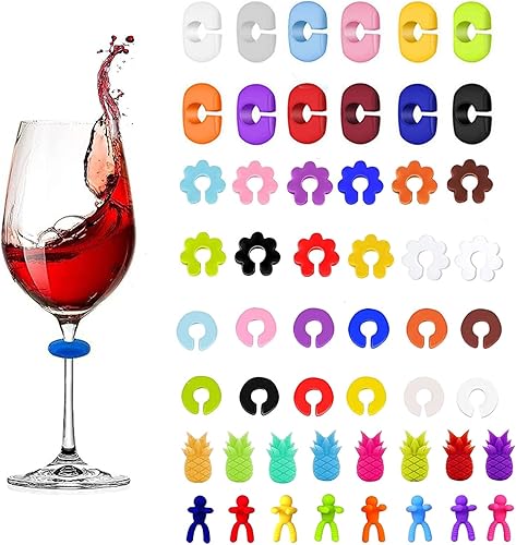 TuTuYa Dijes para copas de vino, 52 marcadores de silicona reutilizables para fiestas, bodas, banquetes, graduaciones