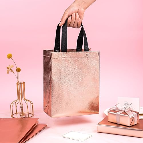 Miniatura 5 de WRAPAHOLIC Paquete de 12 bolsas de regalo reutilizables de oro rosa con asas, tamaño mediano de 8 x 4 x 10 pulgadas, perfectas para bolsas de regalo