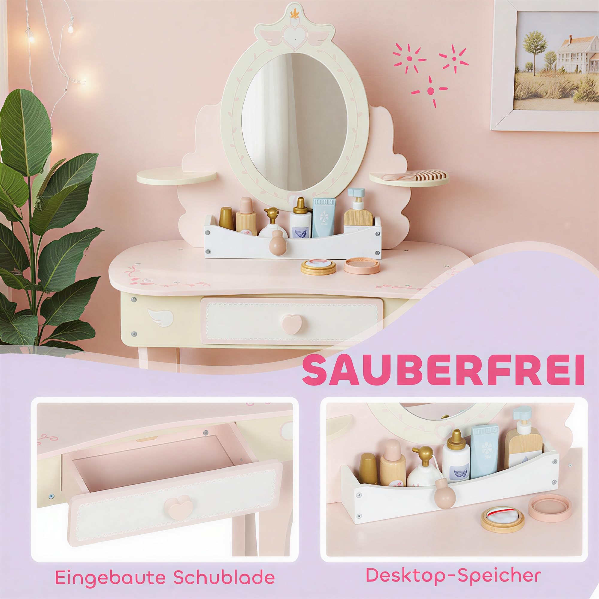AIYAPLAY Schminktisch Kinder, 2-in-1 Kosmetiktisch mit abnehmbaren Spiegel, Schublade, Hocker, Regal, 7-teiligem Spielzubehör Schminktisch-Set für Kinder ab 3 Jahre, Rosa